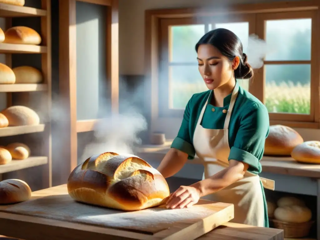 Maestro panadero moldeando una hogaza rústica Un maestro panadero mediterráneo moldea con destreza un pan rústico, mientras el sol ilumina la escena