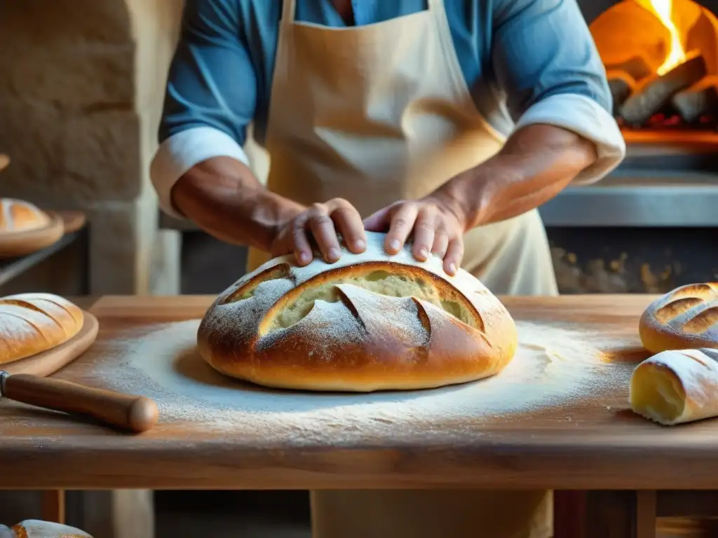 Artesanía mediterránea: Maestro panadero moldeando masa con destreza Un maestro panadero en una panadería mediterránea rústica moldea con destreza la masa para pan artesanal
