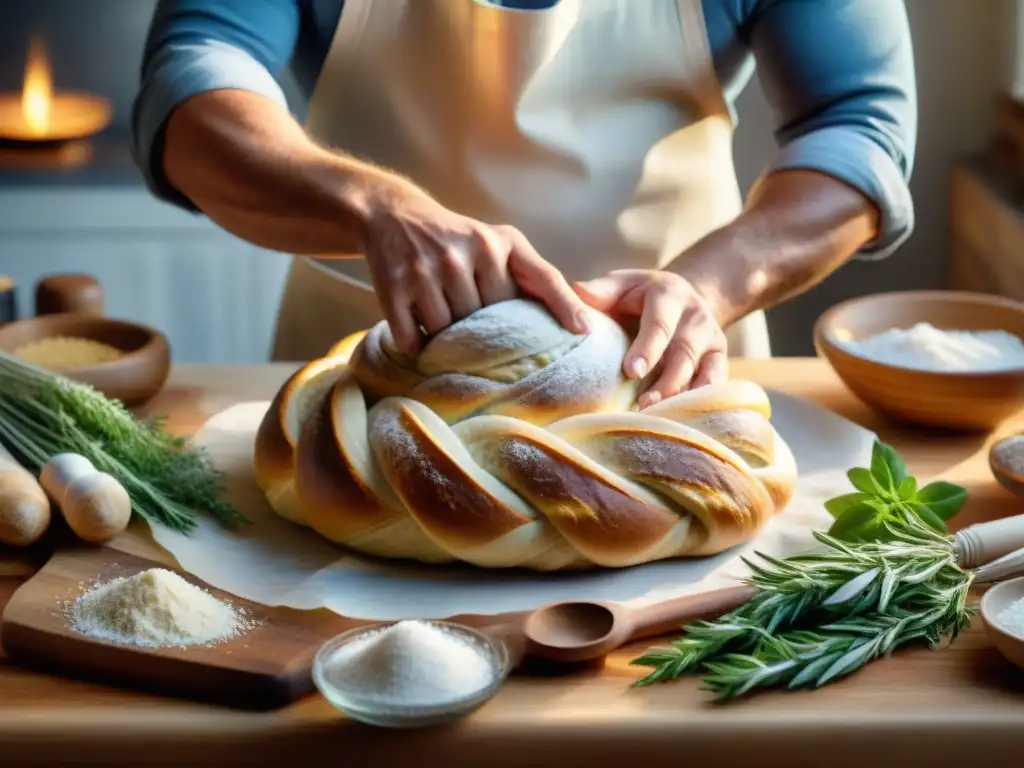 Un maestro panadero moldea con precisión un pan artesanal rodeado de ingredientes premium, mostrando la química del pan para gourmet