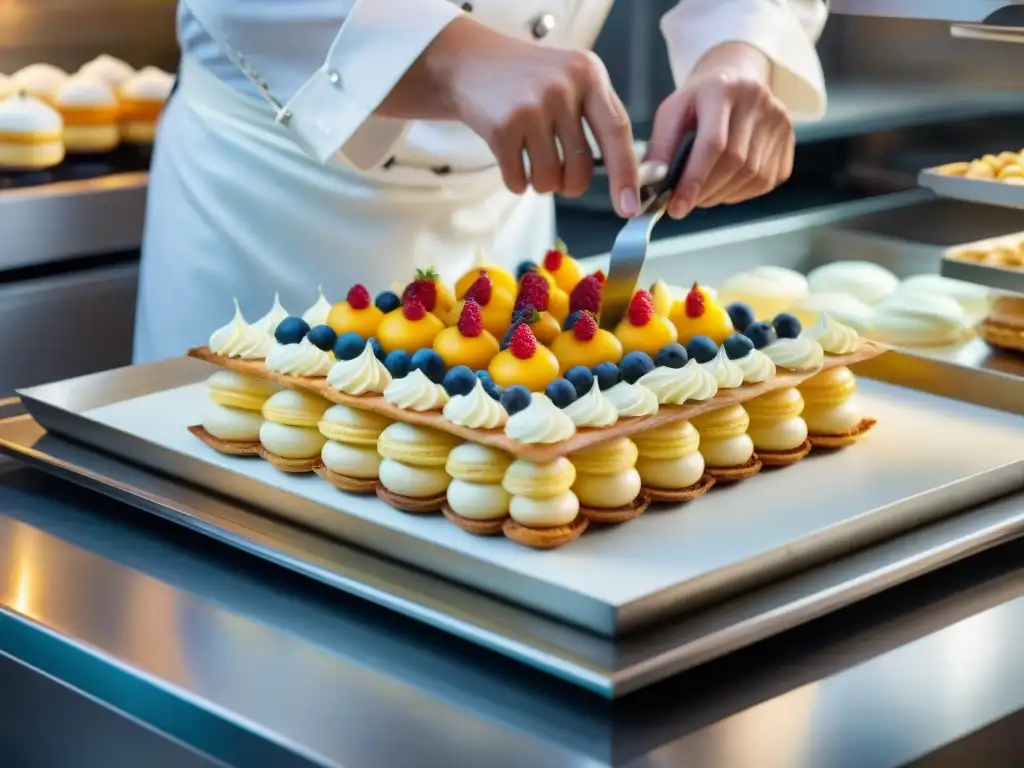 Un maestro pastelero francés crea con precisión y arte un exquisito milhojas