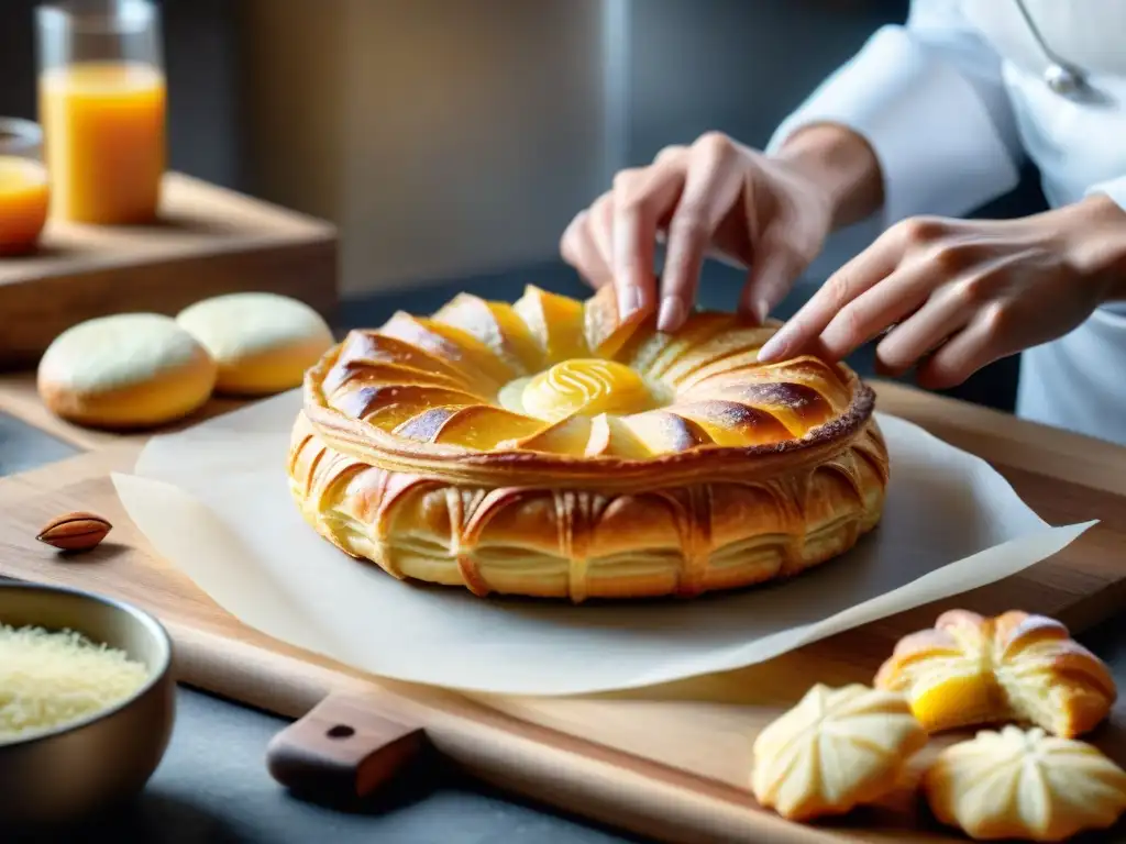 Un maestro pastelero crea con destreza una Galette des Rois Francesa en una panadería tradicional, en una escena detallada y envolvente