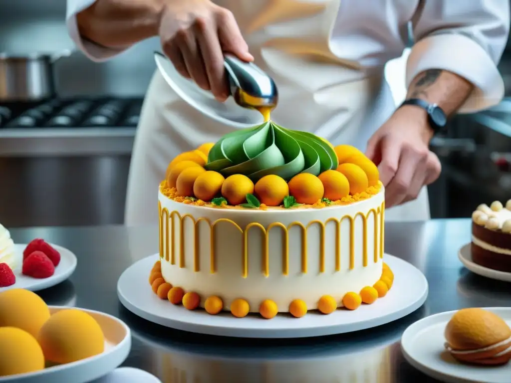 Un maestro pastelero decorando una elegante tarta de bodas con detalles florales, rodeado de utensilios de alta calidad