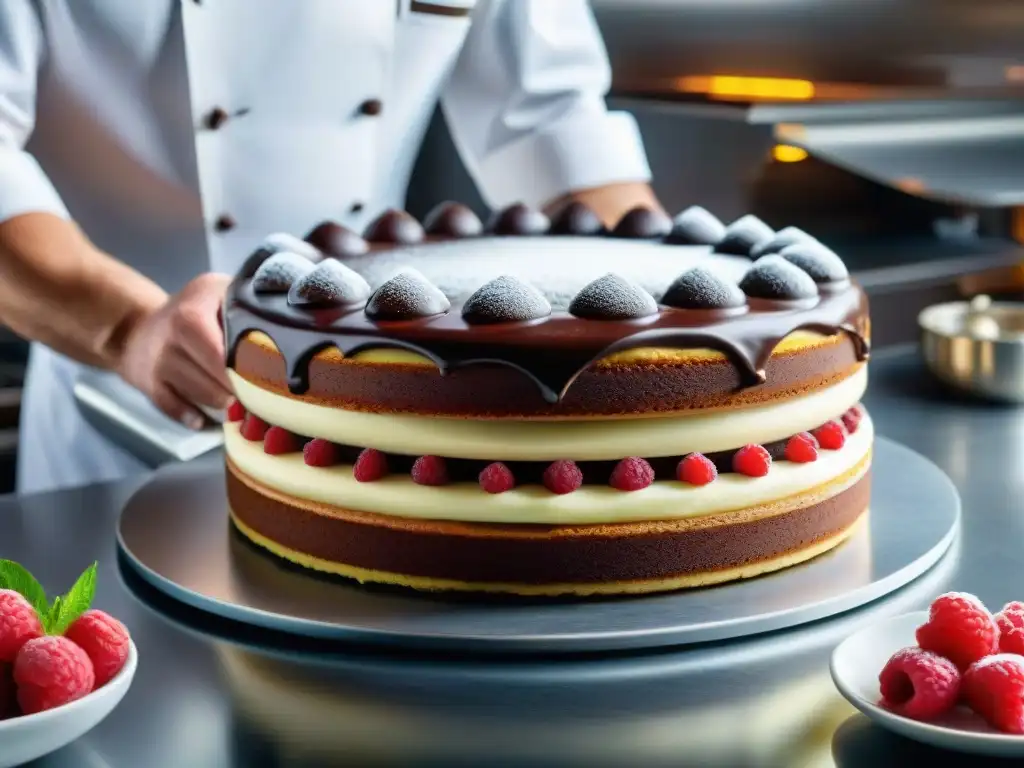 Un maestro pastelero vienés elaborando un exquisito Sachertorte en una cocina elegante