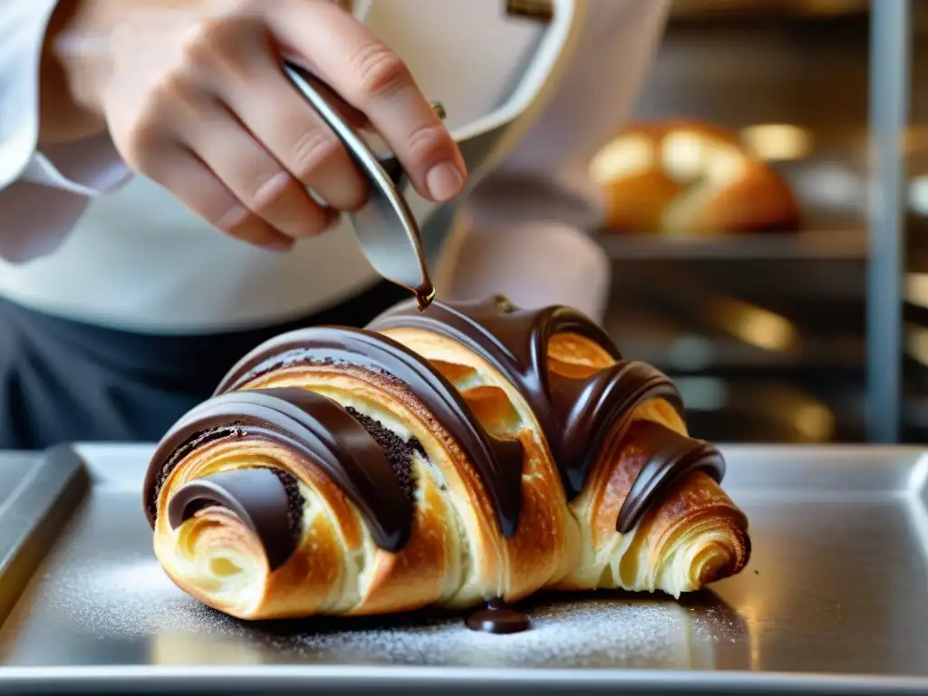 Un maestro pastelero francés adorna madeleines francesas receta gourmet con exquisito ganache de chocolate, en una panadería parisina soleada