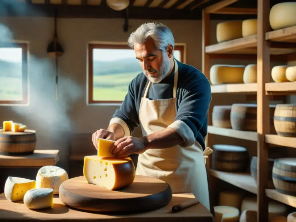 Maestro quesero americano moldeando queso en taller tradicional: historias maestros queseros América