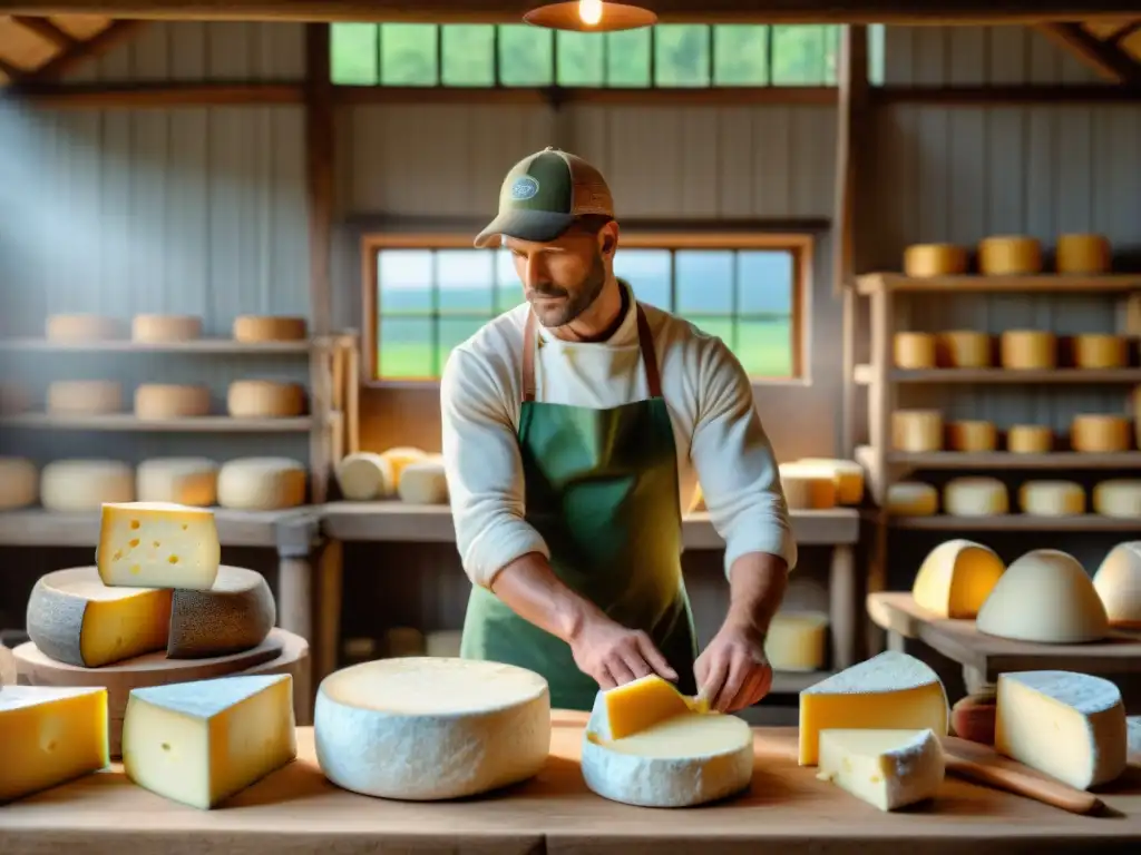 Un maestro quesero artesanal transforma con destreza la leche en un queso añejo en una granja tradicional