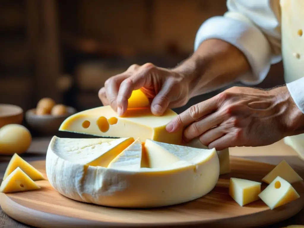 Un maestro quesero artesanal moldea con destreza una rueda de queso, resaltando su pasión y habilidad