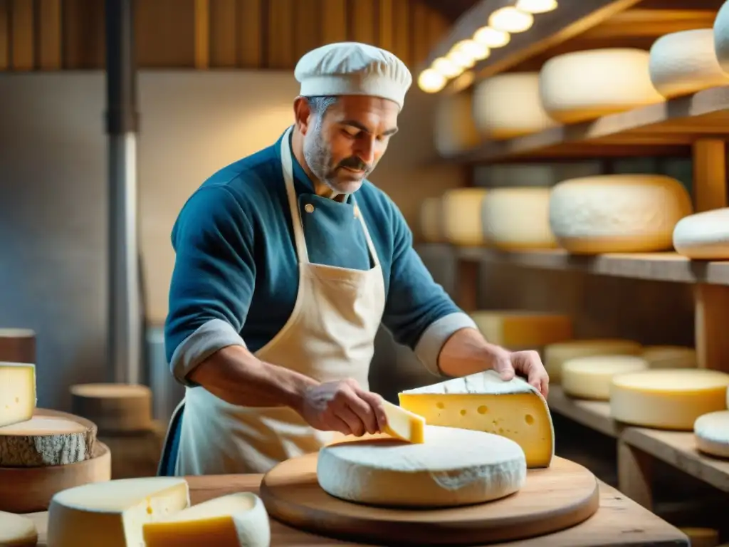 Un maestro quesero artesanal en América, elaborando queso gourmet con dedicación en un entorno rural encantador