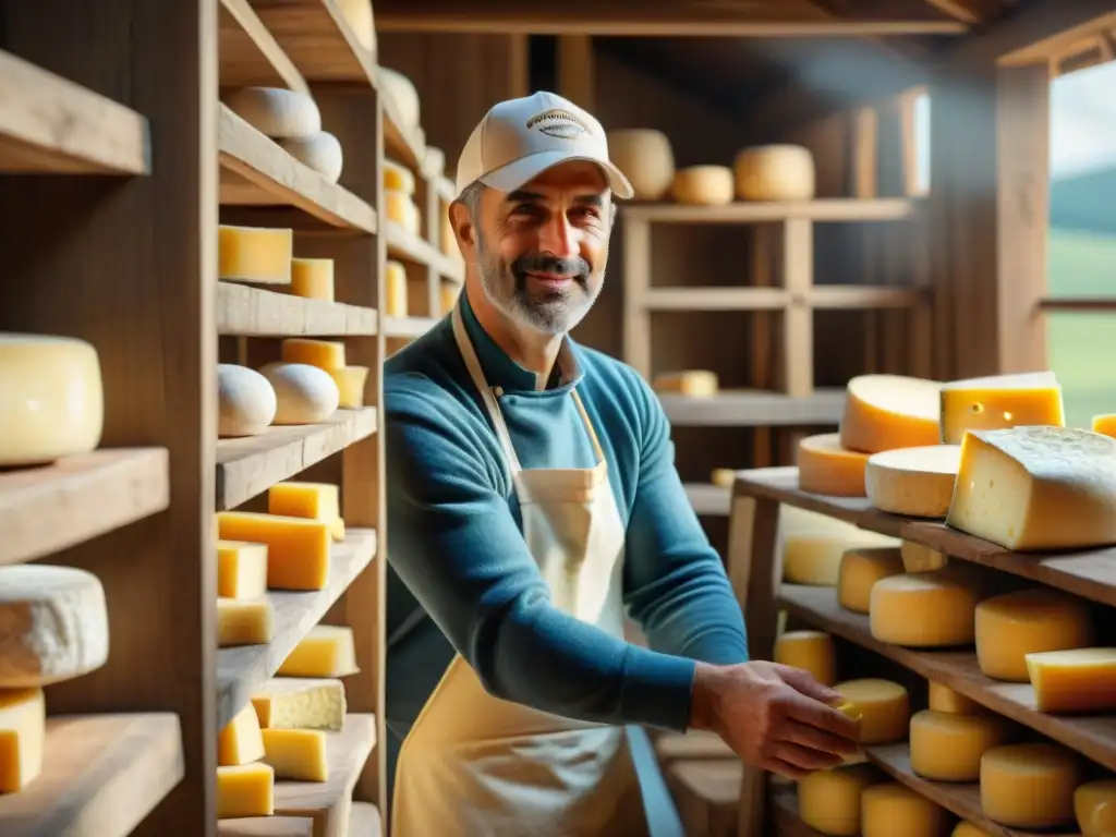 Un maestro quesero en su bodega artesanal, elaborando queso con pasión y tradición