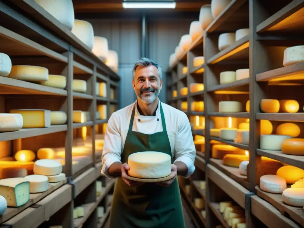 Un maestro quesero en bodega tradicional europea, rodeado de quesos artesanales envejecidos