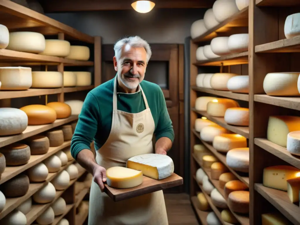 Un maestro quesero en una bodega tradicional europea, creando una joya quesera