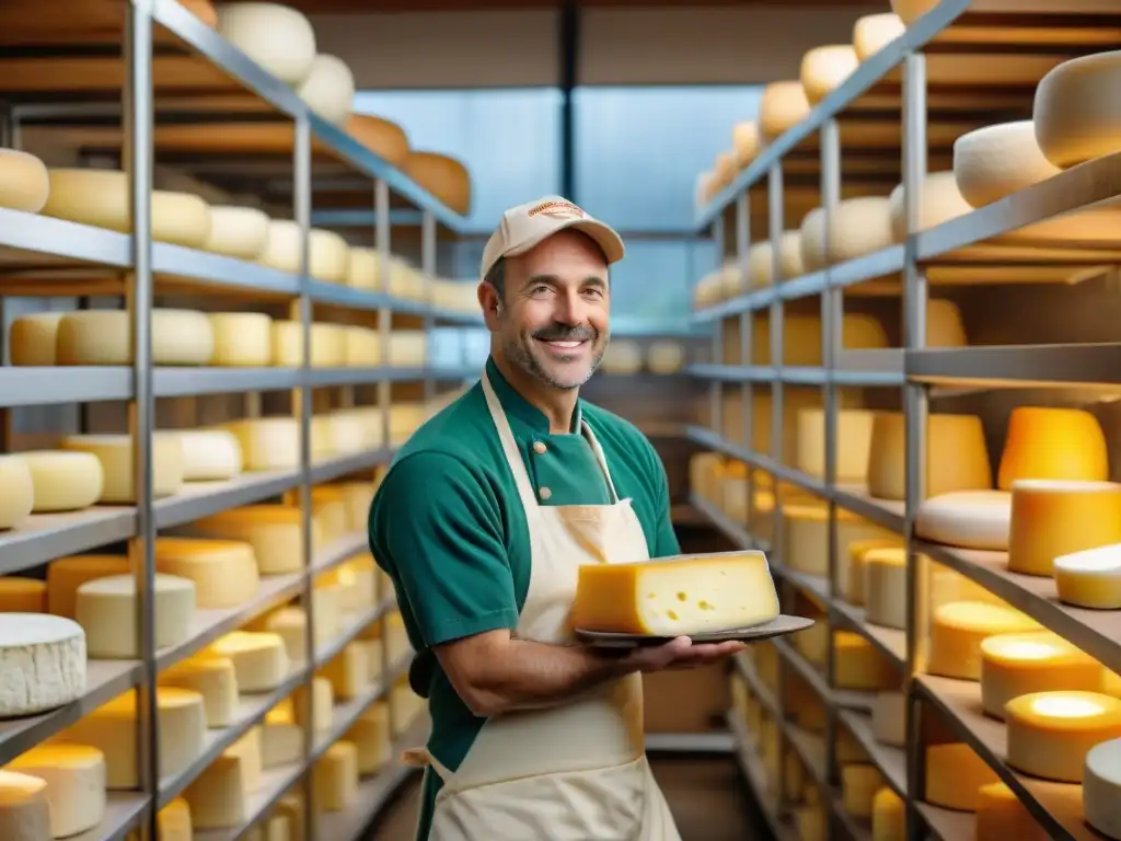 Un maestro quesero en una cremería tradicional americana, creando un queso artesanal rodeado de estantes repletos de variedades envejecidas