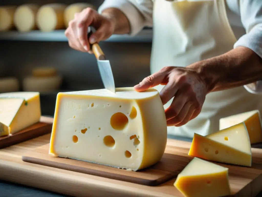 Un maestro quesero moldeando con destreza un bloque de queso americano artesanal gourmet secretos