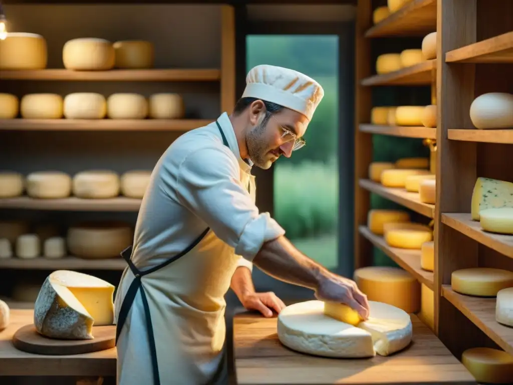 Un maestro quesero moldea con destreza un queso artesanal gourmet en un taller de elaboración, resaltando la dedicación y arte en cada detalle