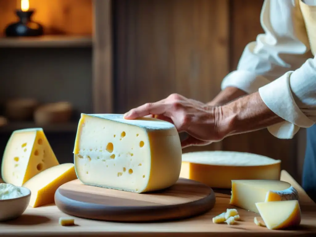 Un maestro quesero europeo crea una rueda de queso con destreza, evocando tradición y artesanía