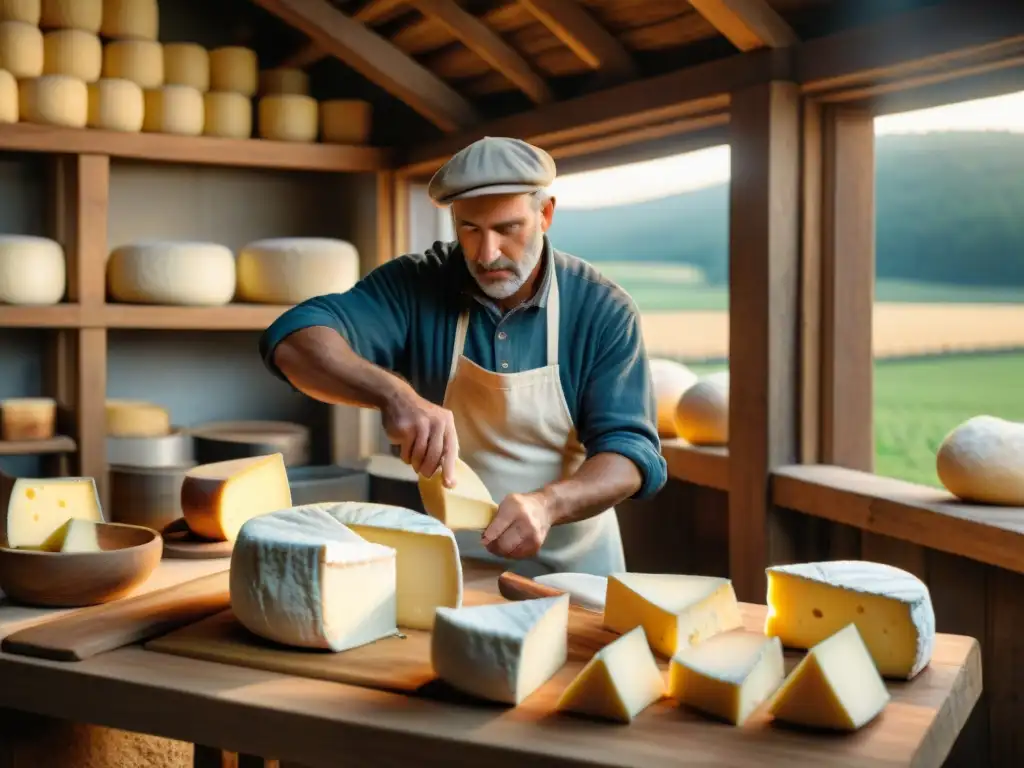 Un maestro quesero en América da forma a un queso artesanal con dedicación en un entorno rústico