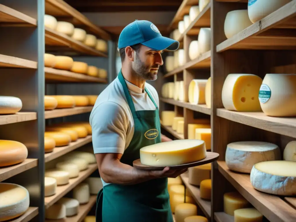 Un maestro quesero en una granja de América, creando queso artesanal con precisión