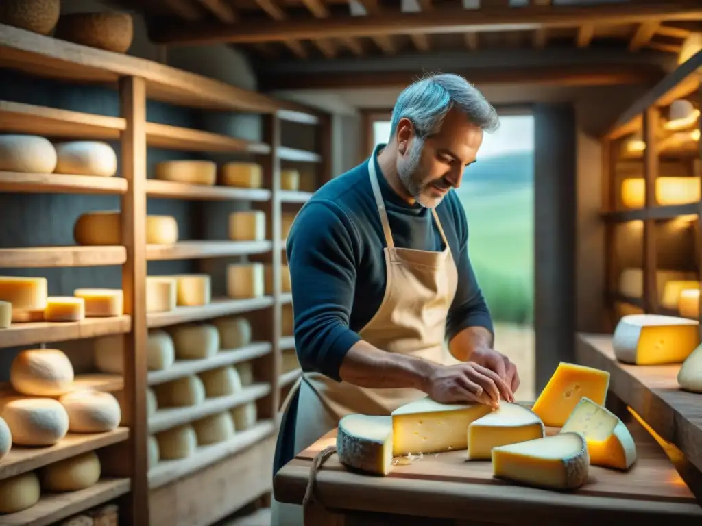 Un maestro quesero elaborando joyas queseras en bodega tradicional europea