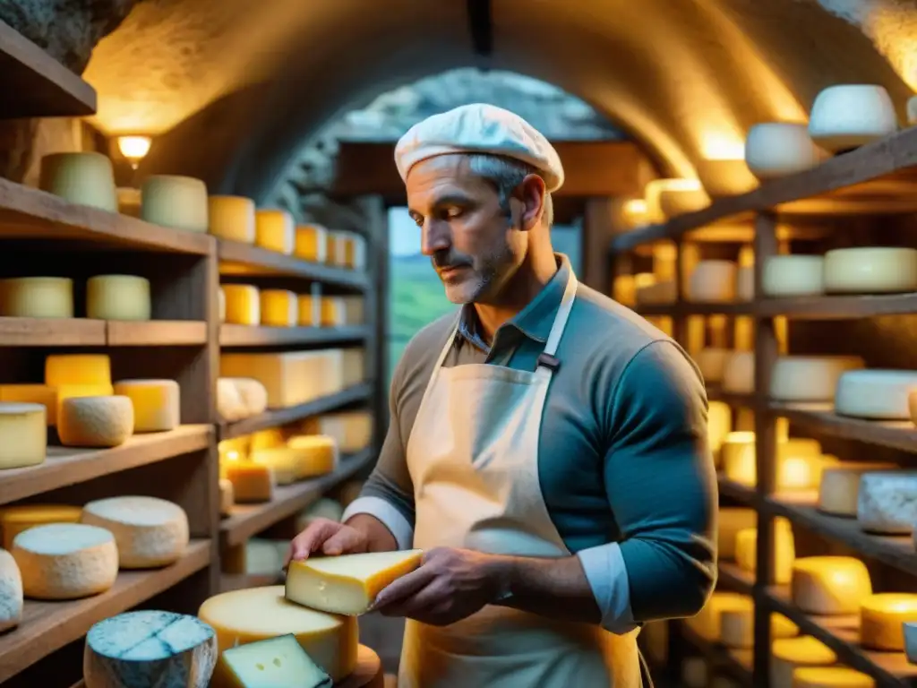 Un maestro quesero examina con meticulosidad una rueda de queso en una cueva antigua iluminada por luz cálida