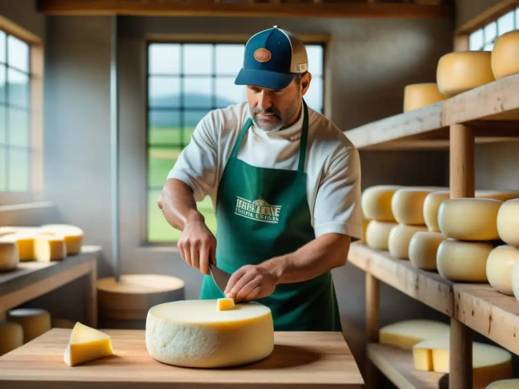 Un maestro quesero crea un queso americano artesanal gourmet en una granja pintoresca