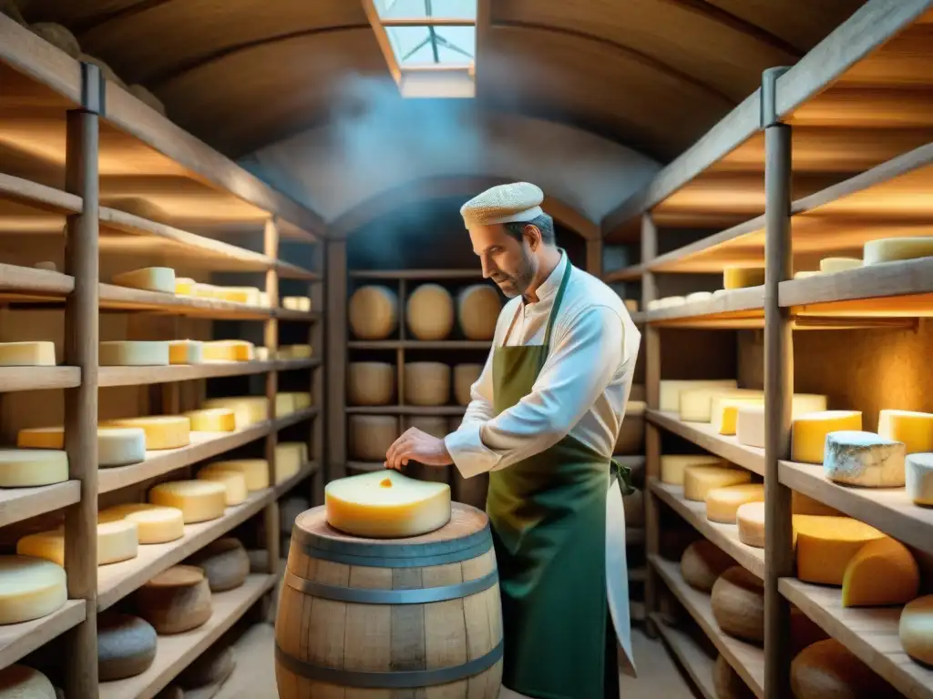 Un maestro quesero inspecciona un queso exclusivo en bodega europea, reflejando autenticidad y maestría