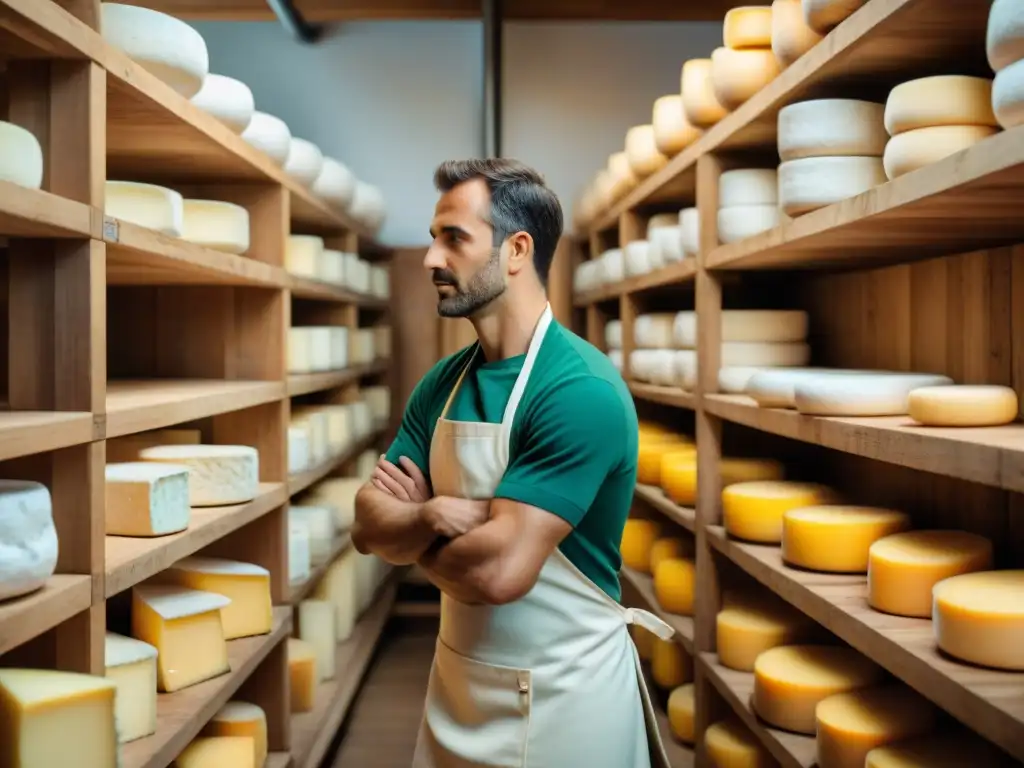 Maestro quesero creando queso gourmet vegetariano en bodega europea Un maestro quesero elaborando un queso gourmet vegetariano en una bodega europea, rodeado de hierbas y especias