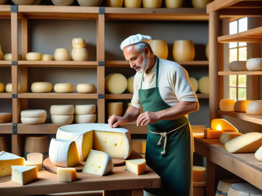 Un maestro quesero elaborando quesos gourmet artesanales en su taller tradicional, rodeado de barricas de madera y quesos madurando