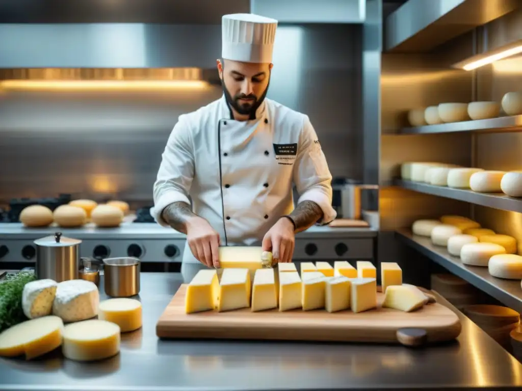 Un maestro quesero crea quesos veganos gourmet innovadores en un laboratorio de cocina moderno y elegante