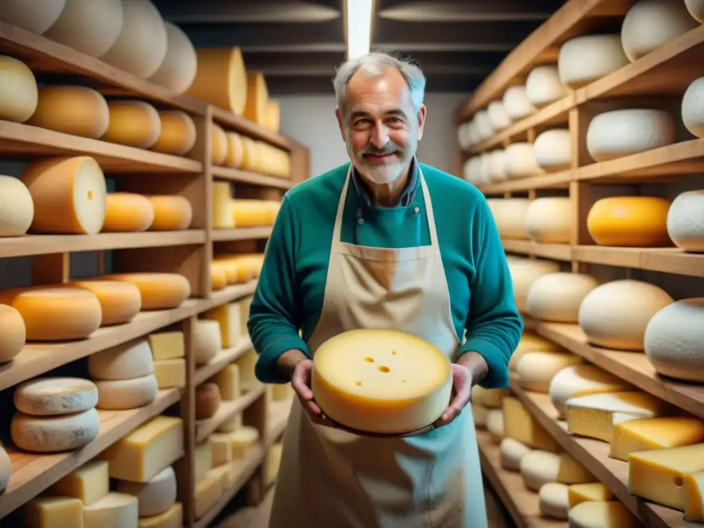 Un maestro quesero inspecciona una rueda de queso en bodega