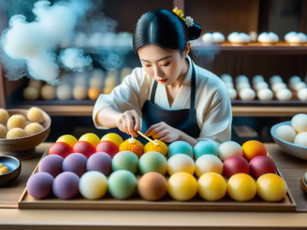 Dangos de colores: artesanía japonesa en detalle Un maestro repostero japonés crea con destreza Dangos gourmet en una tienda tradicional de dulces japoneses