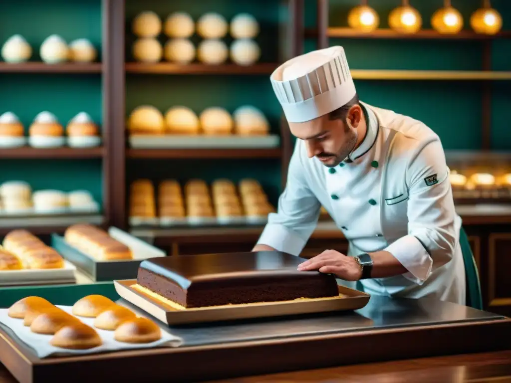 Maestro repostero vienés elaborando Sachertorte rodeado de delicias y herramientas antiguas, revelando los secretos de la repostería vienesa gourmet