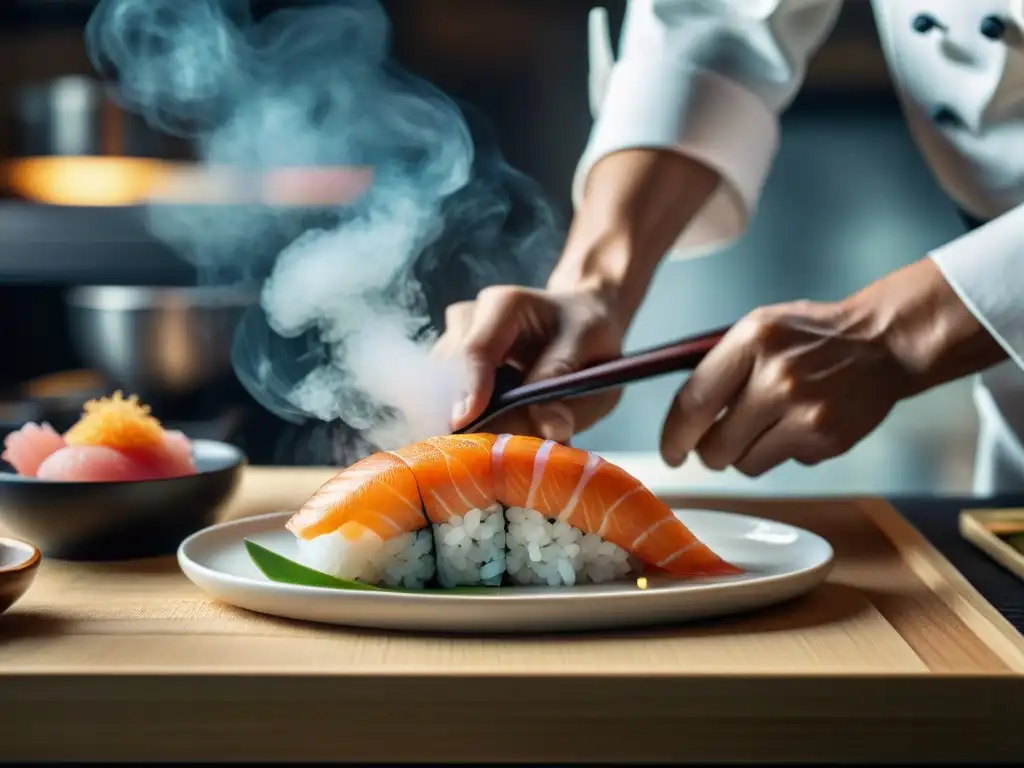 Un maestro sushi crea arte y ciencia con sushi gourmet en un entorno sereno y experto