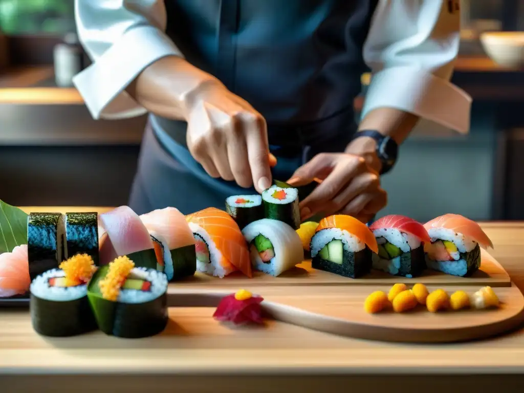 Un maestro sushi experto preparando rollos de sushi en un restaurante japonés