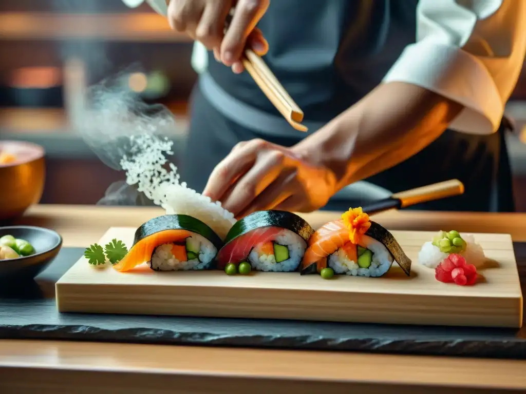 Un maestro sushi japonés elaborando un rollo con destreza, destacando las formas de preparación de arroz