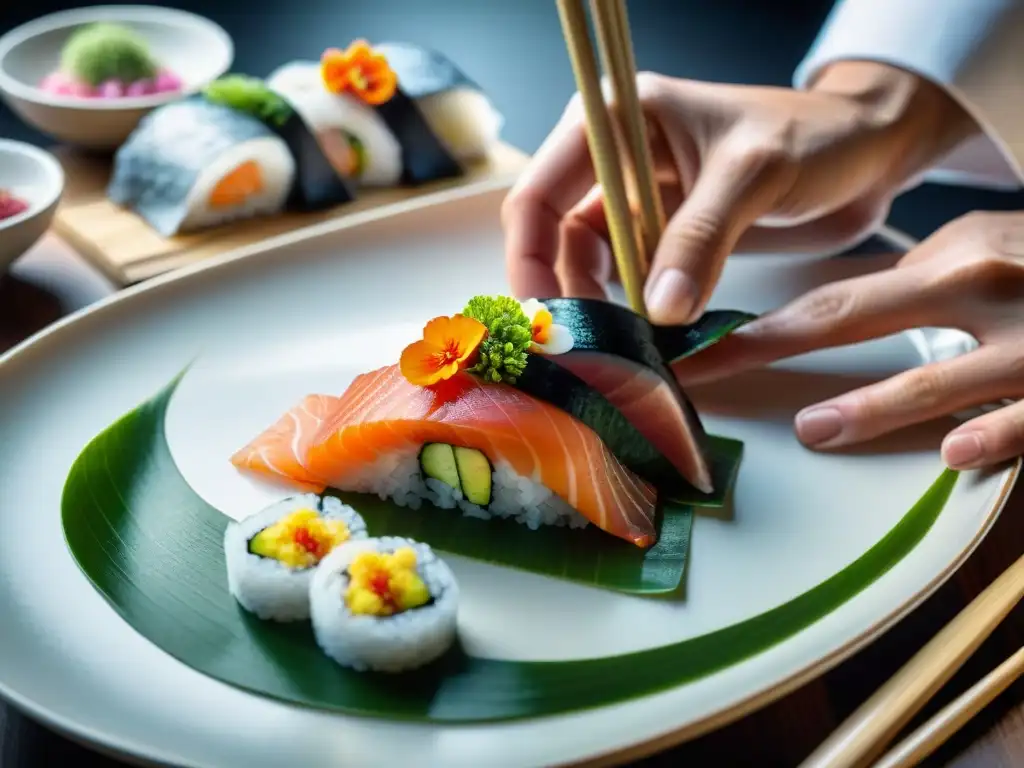Un maestro sushi japonés preparando meticulosamente sashimi fresco con precisión y arte en una cocina japonesa