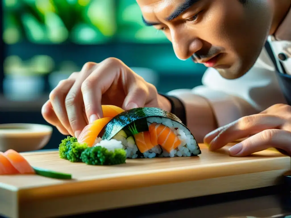 Un maestro del sushi creando con precisión una obra de arte culinaria