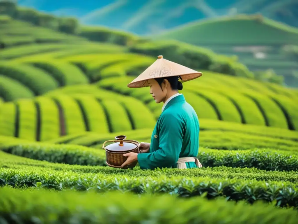 Un maestro de té en una plantación tradicional en Japón, rodeado de exuberantes arbustos de té, recogiendo hojas con meticulosidad