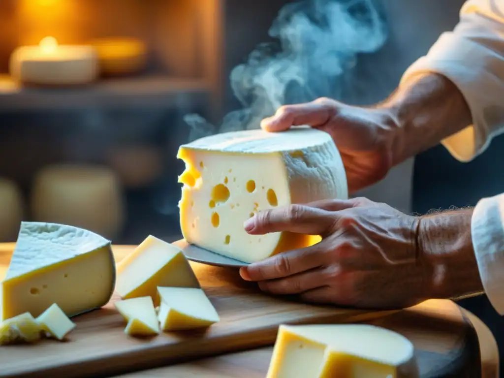 Maestros queseros artesanales deliciosos moldeando con pasión una rueda de queso en un proceso meticuloso y dedicado