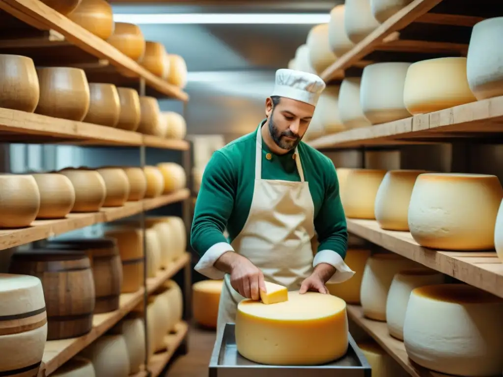 Maestros del queso: expertos en acción creando quesos gourmet Maestros queseros europeos vegetarianos gourmet crean exquisitos quesos en una tradicional fábrica de quesos