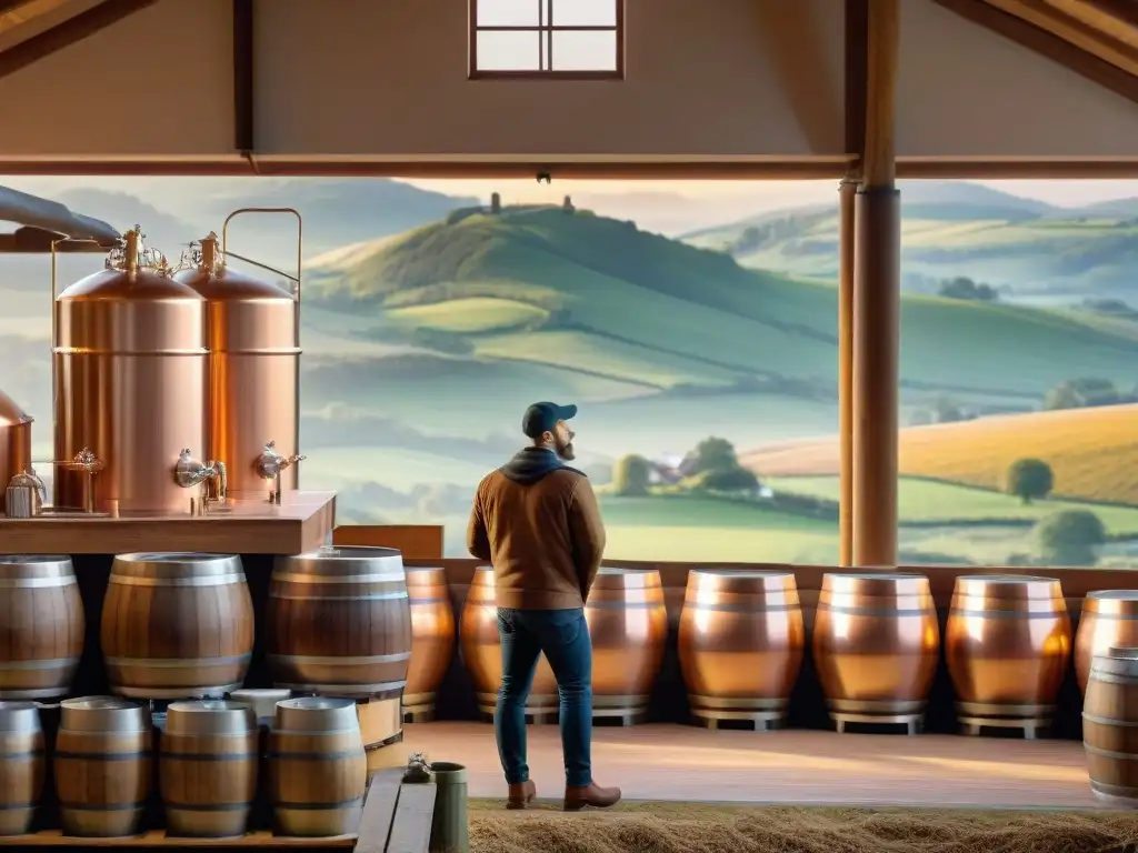 Magia cerveza artesanal fermentación en una cervecería tradicional al atardecer, con colinas verdes y cálida luz del sol