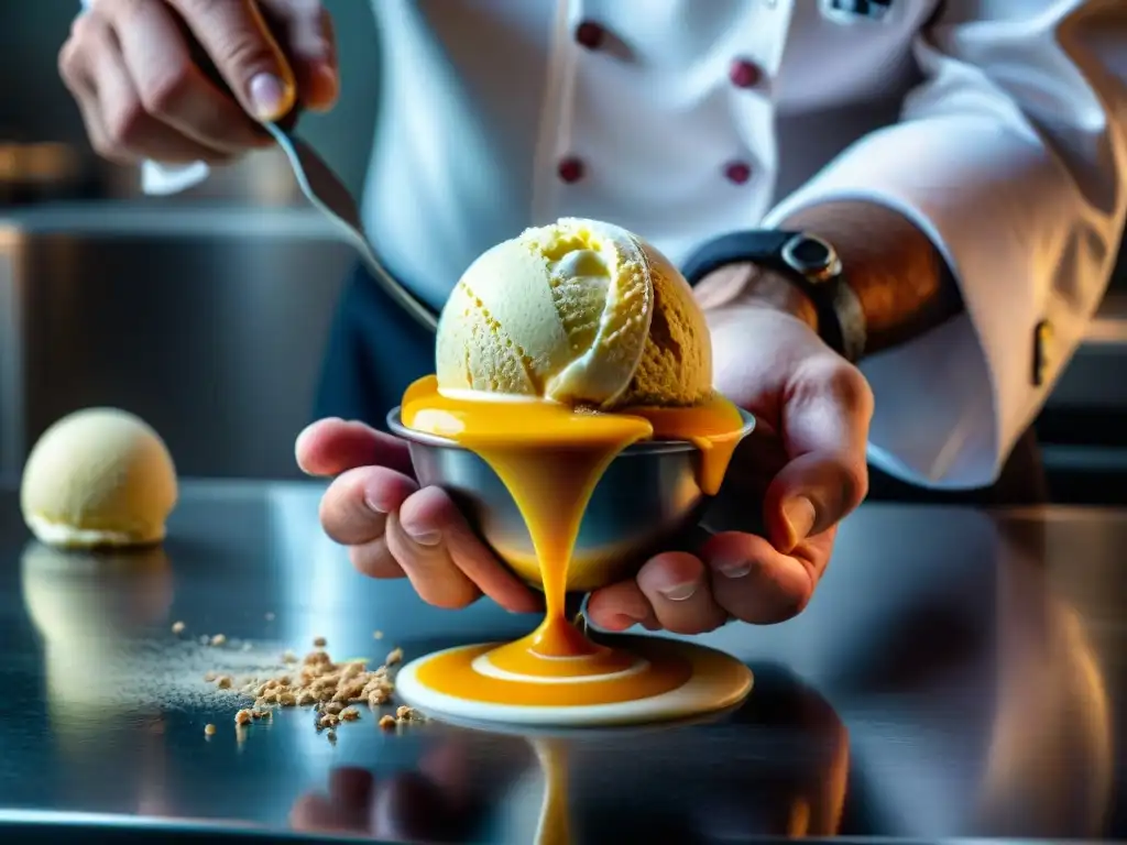 La magia de la innovación culinaria: manos de chef creando helados y sorbetes en una cocina moderna