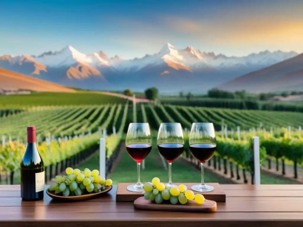 Magia viñedos Mendoza alta gastronomía: Atardecer dorado en viñedo con montañas de los Andes nevadas al fondo