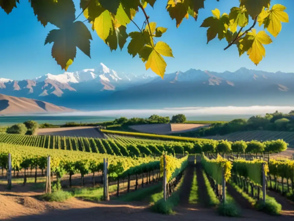 Magia de viñedos en Mendoza: paisaje de lujo con uvas verdes y la cordillera al fondo, bajo un cielo azul claro