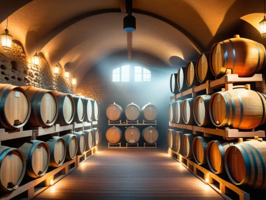 Un rincón mágico de bodegas con barricas de vino envejecido, iluminado por lámparas colgantes