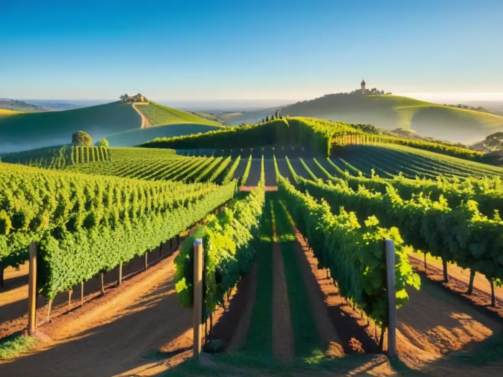 Un mágico viñedo australiano bañado por el sol, con hileras de uvas verdes bajo un cielo azul