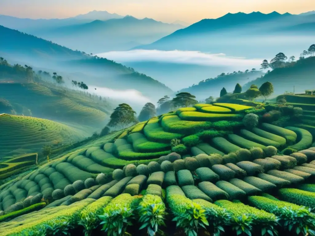 Majestuosa plantación de té en Darjeeling, India al amanecer, con neblina sobre arbustos verdes y recolección tradicional