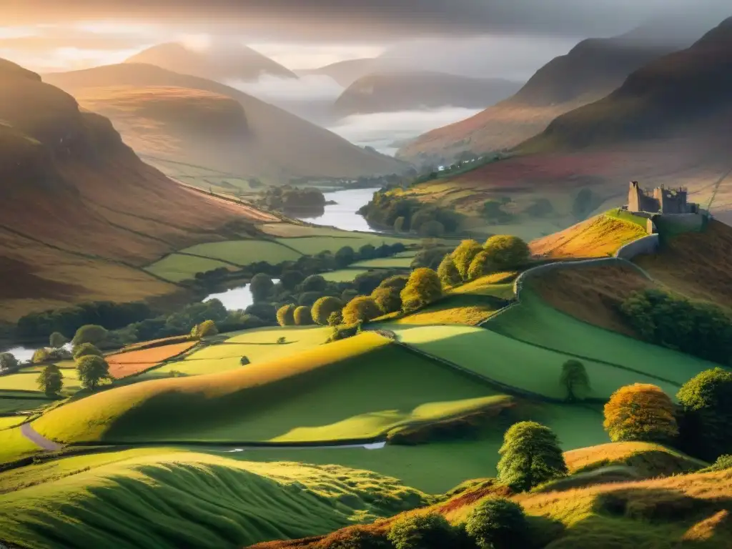 Majestuosa destilería en las verdes Tierras Altas de Escocia al atardecer