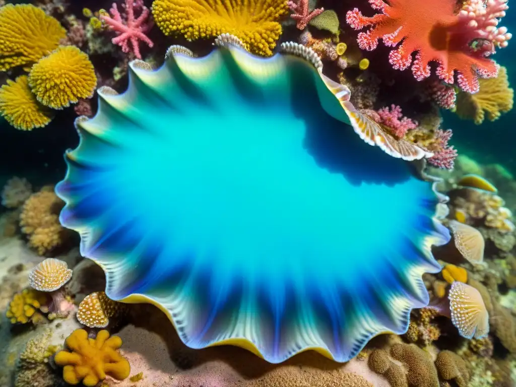 Un majestuoso arrecife de coral rebosante de mariscos exóticos raros y deliciosos en colores vibrantes y patrones intrincados