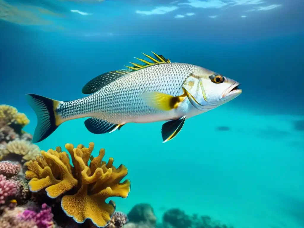 Un majestuoso Lubina Salvaje Pescado Mar Amante nada entre arrecifes de coral y peces tropicales en aguas cristalinas