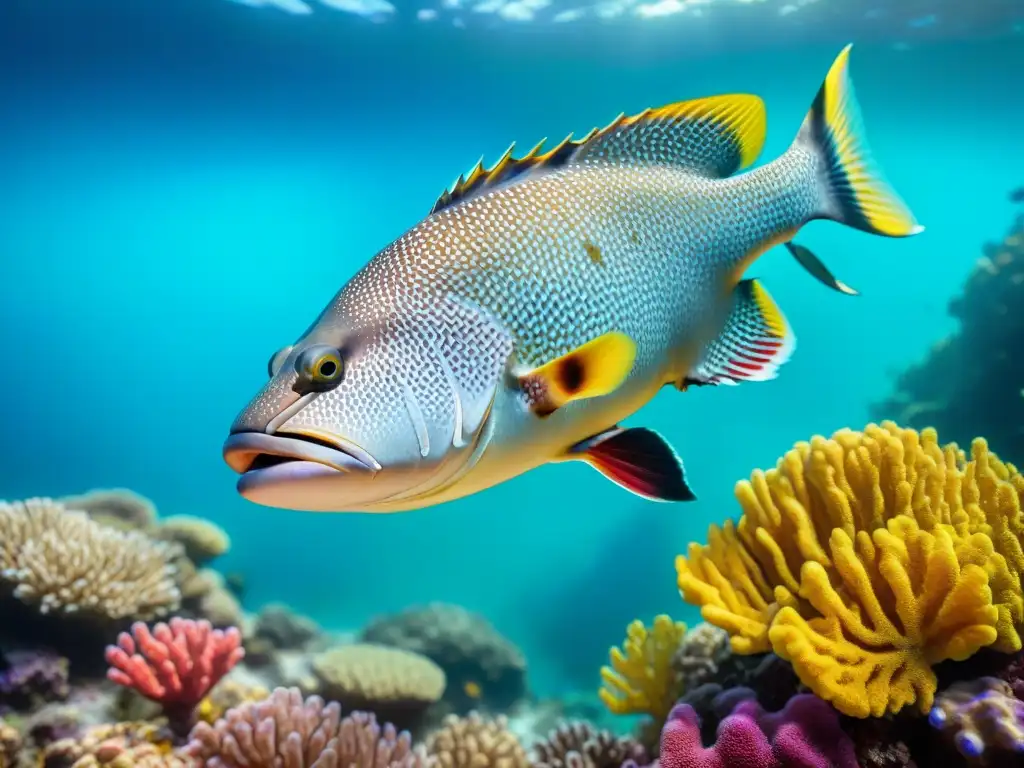 Un majestuoso mero gigante nada entre coloridos corales en un hermoso arrecife oceánico